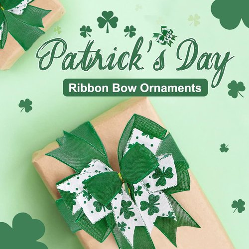 Clover Patrick's Day Wreath Bow - Green Shamrock DIY Craft Ribbon Ornament | 9.5 x 13 Inch