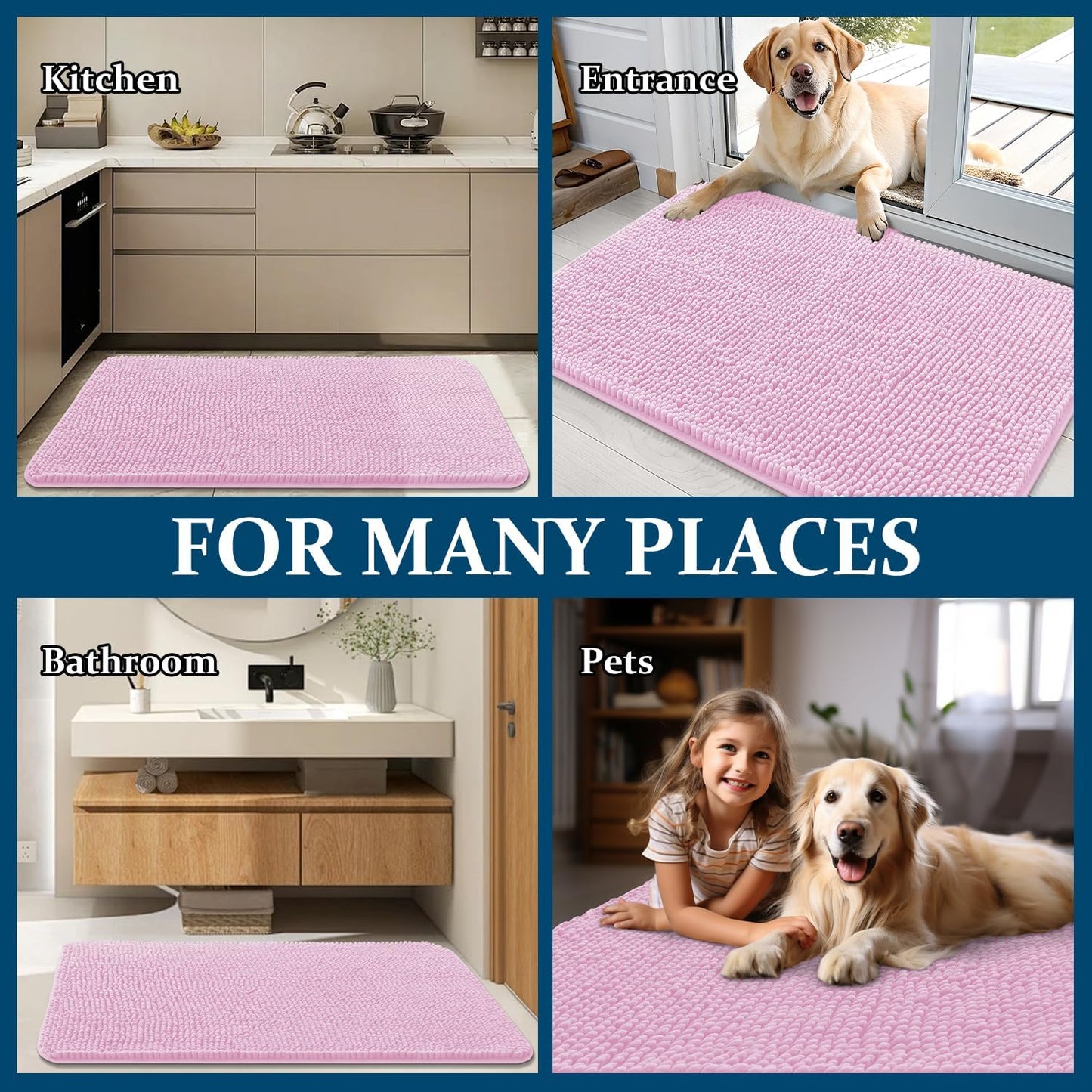 OLANLY Dog Door Mat - Absorbent Non-Slip Chenille Mat for Muddy Paws | 70x46, Quick Dry, Pink