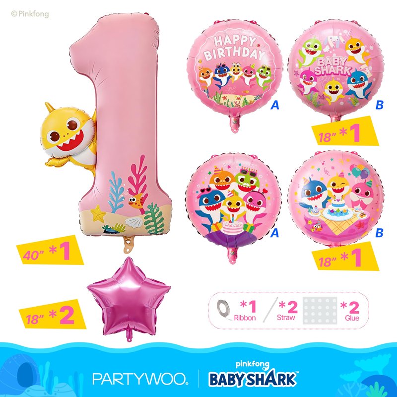PartyWoo Baby Shark Pink Foil Number 1 Balloon 5pcs 40 18 Inch Pink Round Star Mylar Helium Birthday Balloons for Boys and Girls Baby Shark Under the Sea Ocean Kids First Birthday Party Decorations