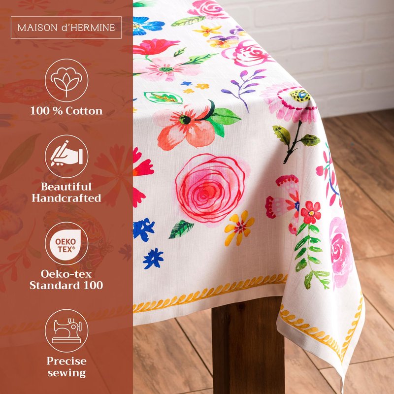 Maison d' Hermine Table Cloth Rectangle Table 100% Cotton 70 x 108 Inches Tablecloth Reusable Decorative for Dining Kitchen Farmhouse Home Gifts for Mothers Day Spring Summer- Happy Florals - Sweety