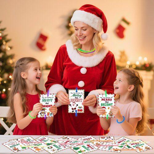 Haooryx Christmas Glow Stick Bracelets Bulk - 36 Pack Merry and Bright Glow Stick Bracelet with Gift Card Light up Toy for Kids Christmas Night School Party Favor Student Reward Game Prize Xmas Supply