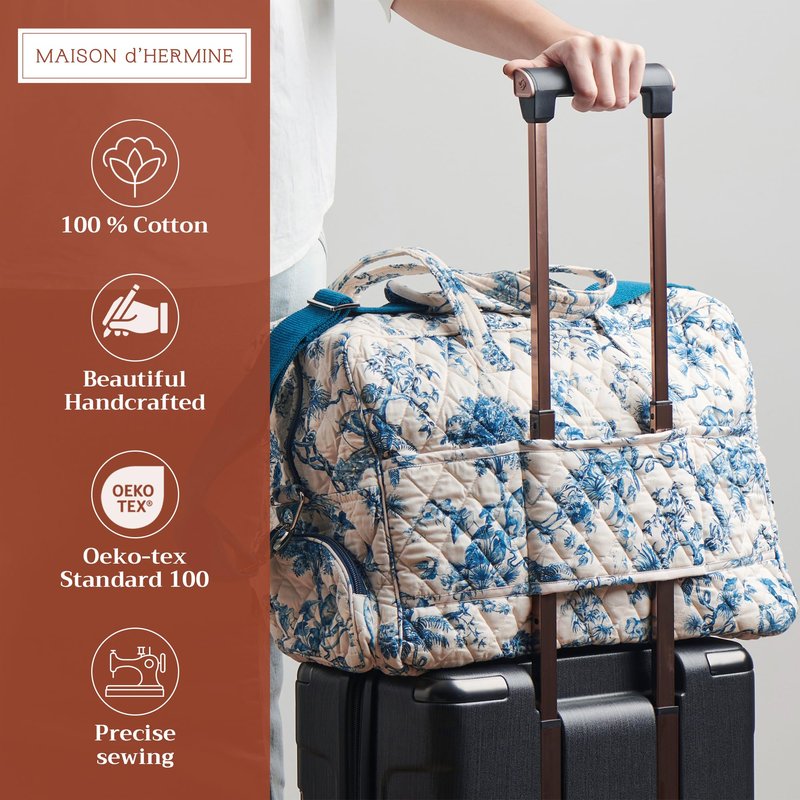 Maison d' Hermine Weekend Duffel Bags for Women Cotton Quilted Overnight Luggage Weekend Bag for Men Gym Sports Gifts Travel Business Travellers Trip Mothers Day Gifts -Bonobo - Blue