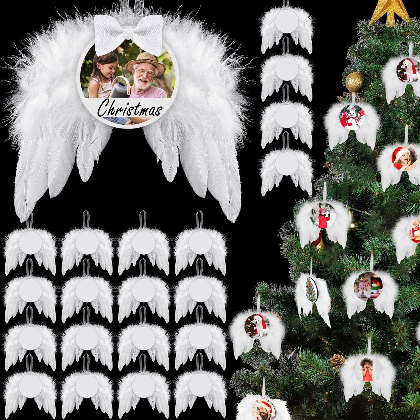 Christmas Sublimation Ornament Blank Decor White Angel Wings DIY Xmas Ornament Craft Hanging, Feather Hanging with Pendants for Christmas Tree Angel Wings Decor(36 Pcs,Round Style)