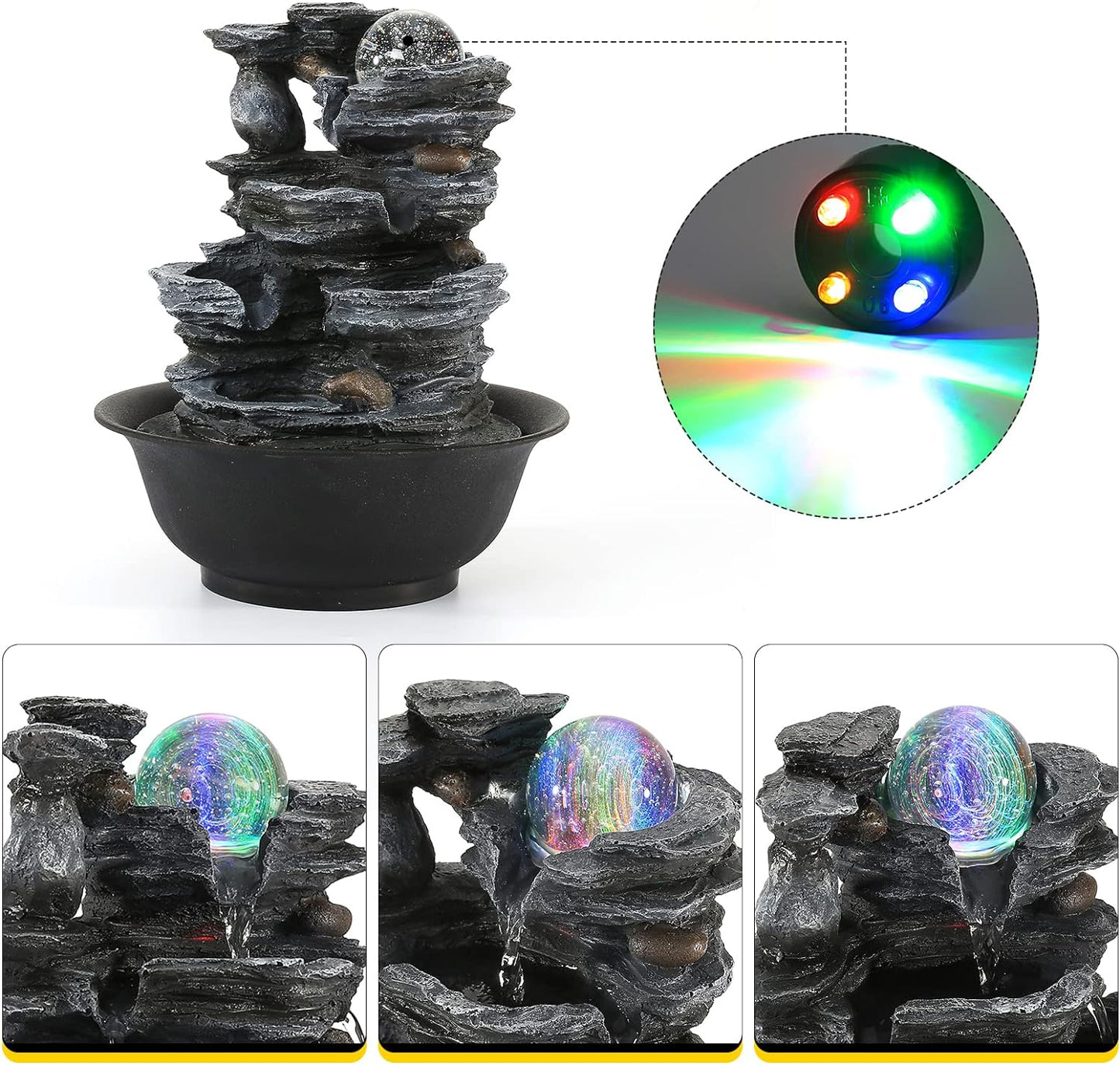 Dyna-Living Water Fountains Indoor Tabletop Fountain with Pump Waterfall Fountain Indoor Coloured LED Lights Desk Water Fountains for Home Office Decor Style 1