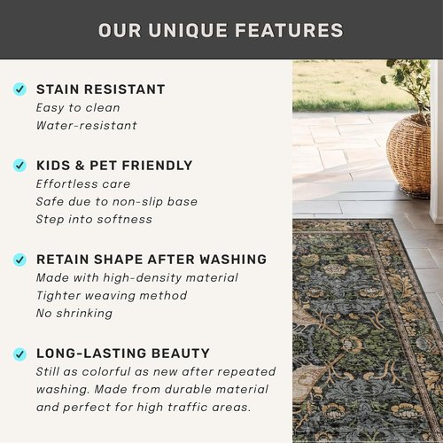 Hazo Haus Dark Floral Area Rug 8x10 - Washable Non-Slip Design for Living Room, Dining Room & Office