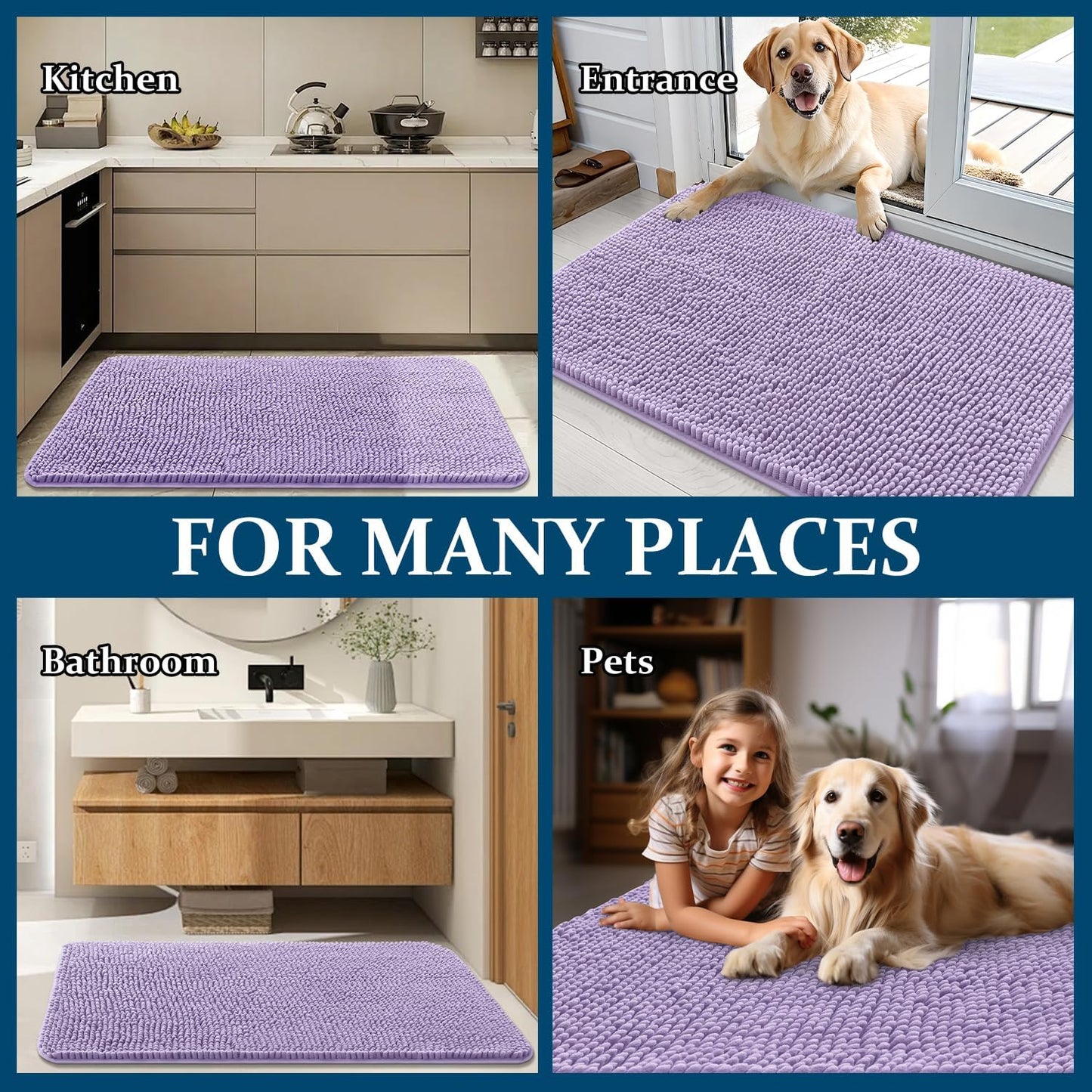 OLANLY Dog Door Mat - Absorbent Non-Slip Mud Mat for Dogs | Quick Dry Chenille, 70x24, Lavender