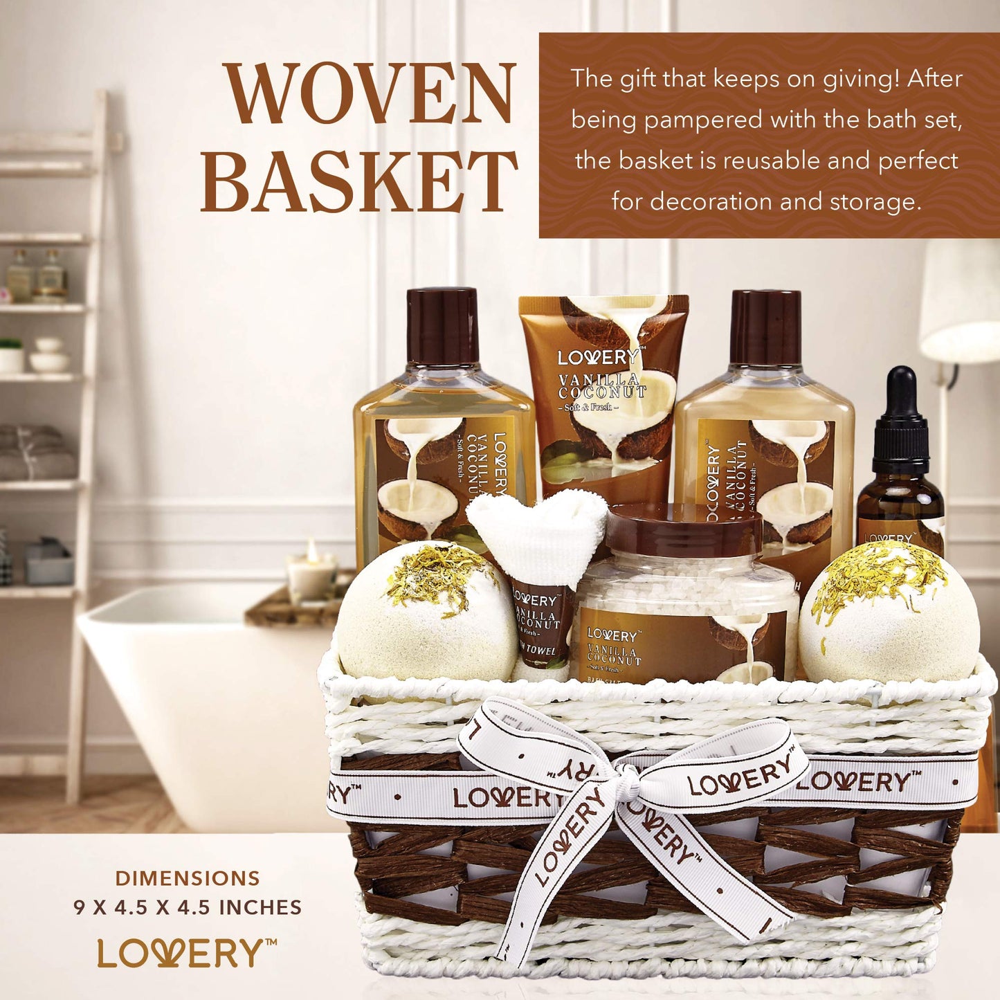 Gifts For Women Gift Basket for Womenβ Mothers Day Gifts for Mom, 9 Piece Set of Vanilla Coconut Home Spa Set, Luxurious Bath and Body Set, Includes Fragrant Lotions, Large Bath Bombs, Coconut Oil