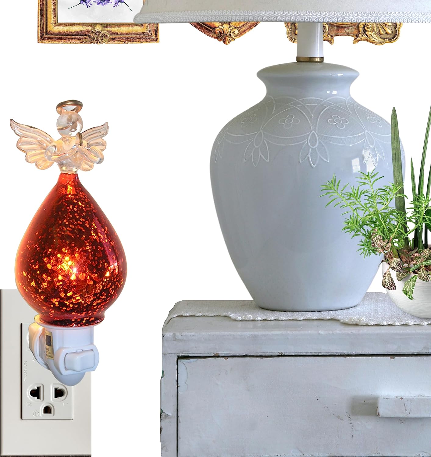 Praying Angel Night Light - 6.25" Decorative Glass Lamp with Gold Accents