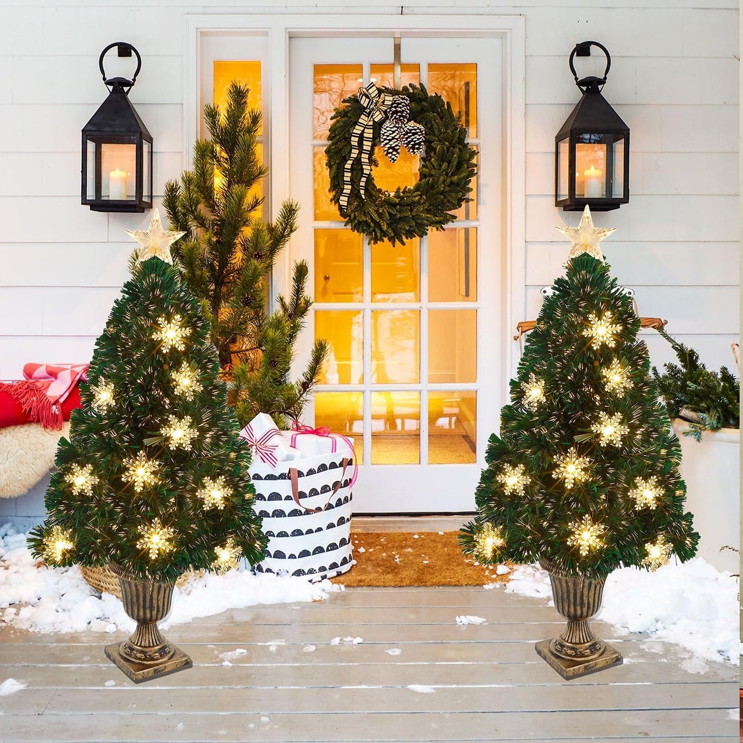 Juegoal Pre-Lit Artificial Christmas Trees - 3 FT Lighted Green Fiber Optic Entrance Trees with Gold Urn Base | 8 Lighting Modes & 110 Branch Tips for Festive Holiday Decor