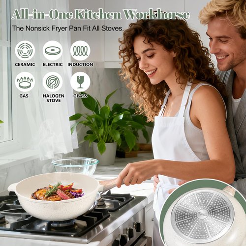 AOSION 12 Inch Nonstick Ceramic Deep Frying Pan Skille with Lid,5.5QT Sauté Pan for Cooking with Steam Rack,Healthy Large Skillet,Stay Cool Handle, Induction Compatible, PFOA & PFAS Free. (WHITE)