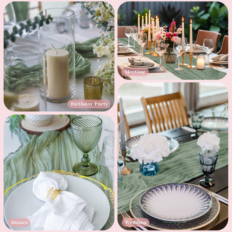 Sage Green Cheesecloth Table Runner, 10 Ft Easter Boho Table Runner, 120 in Spring Rustic Table Runners for St Patrick's Day, Wedding, Party, Baby & Bridal Shower