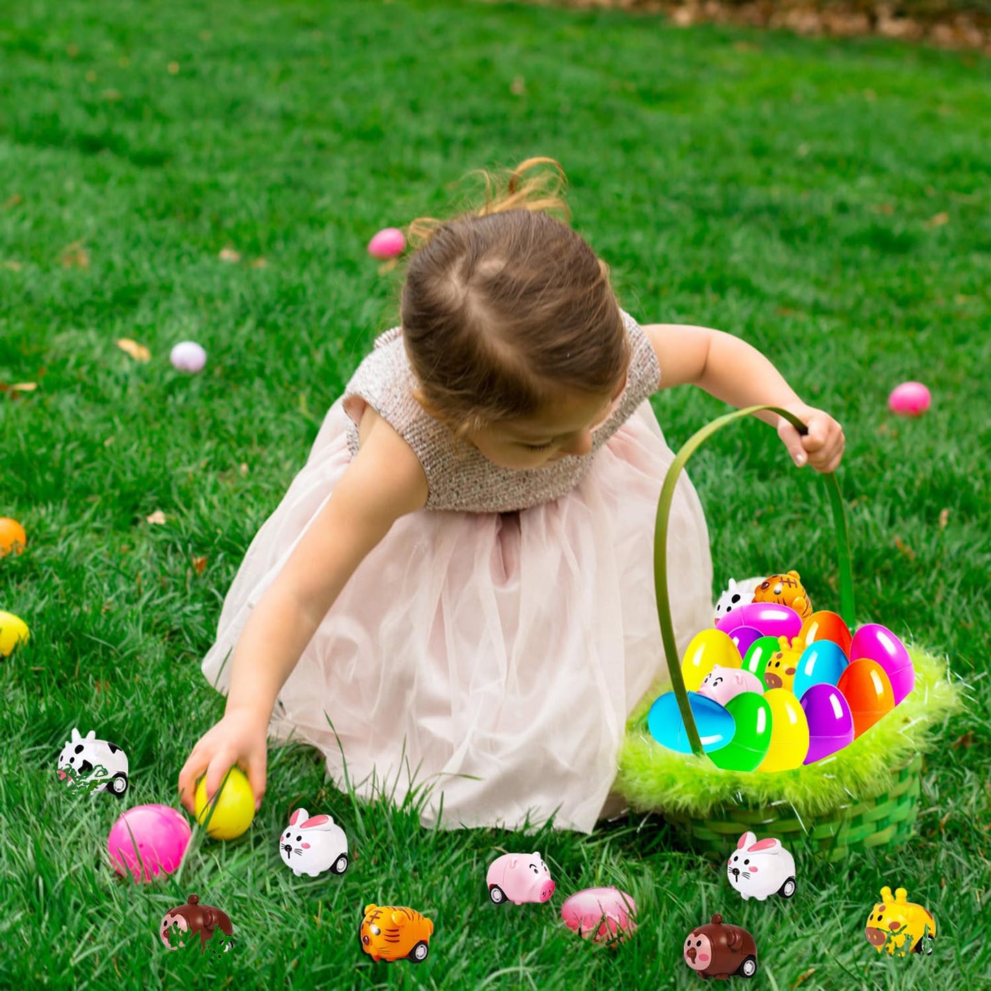 LIYROIUB 12 Pack Filled Easter Eggs with Animal Pull Back Car Toys - Surprise Toy Assortment for Easter Egg Hunts, Basket Stuffers & Party Favors | Easter Gifts for Kids Boys Girls