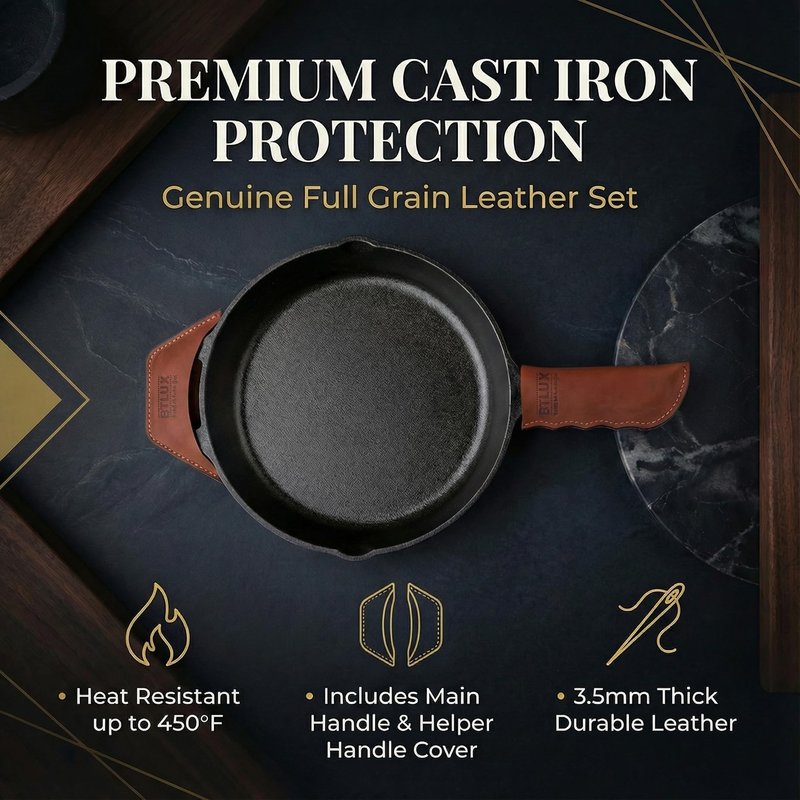 Proudly Made in Georgia from Full Grain Leather - Leather Cast Iron Handle Cover, Set of 2 - Heat Resistant Cast Iron Handle Sleeve for Skillets - Pot Holder for Hot Frying Pans, Pots