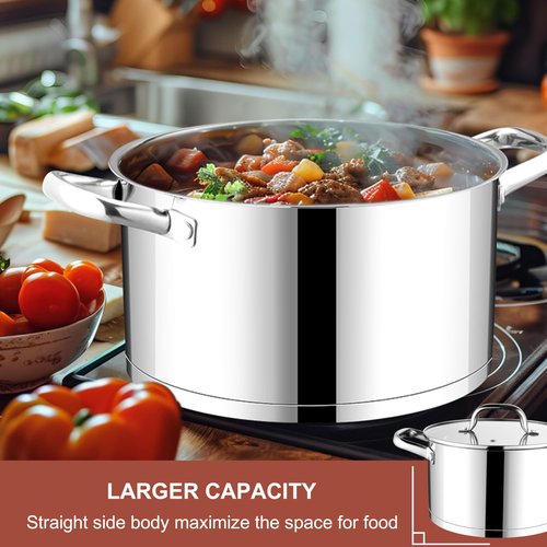 E-far Stainless Steel Stock Pot, 8 Quart Tri-ply Base Cooking Pot with Glass Lid, Induction Soup Pot Compatible with All Stoves, Nontoxic & Thick Bottom, Oven & Dishwasher Safe