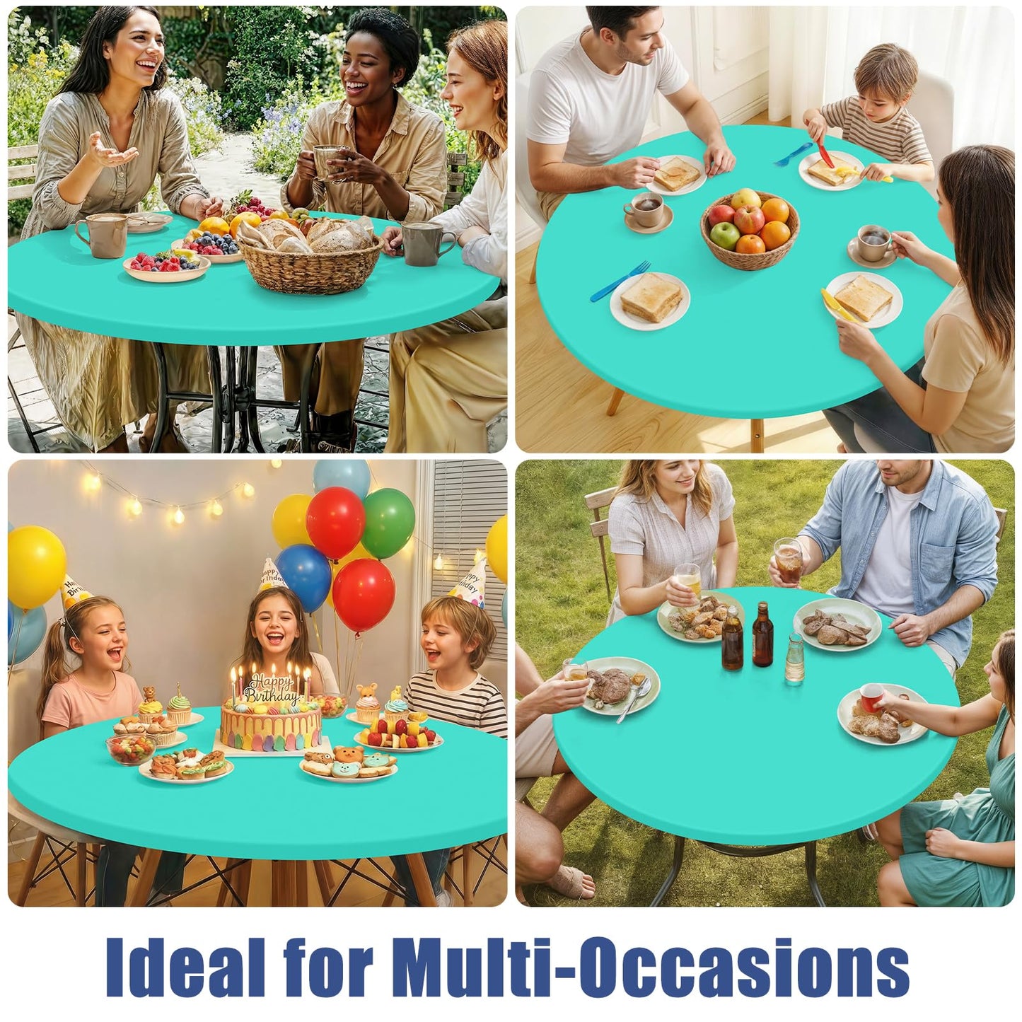 Moosfor Round Spandex Tablecloth, Elastic Fitted Waterproof Tablecloths for 57"-68" Tables, Stretch Washable Picnic Table Cover for Camping, Dining, Indoor and Outdoor,Aqua Blue