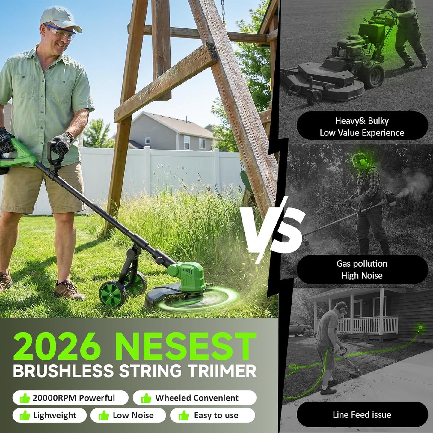 Skiennix 14'' Cordless Electric Weed Wacker - 20000RPM Lightweight String Trimmer with 8 Replacement Spools for Lawn Care