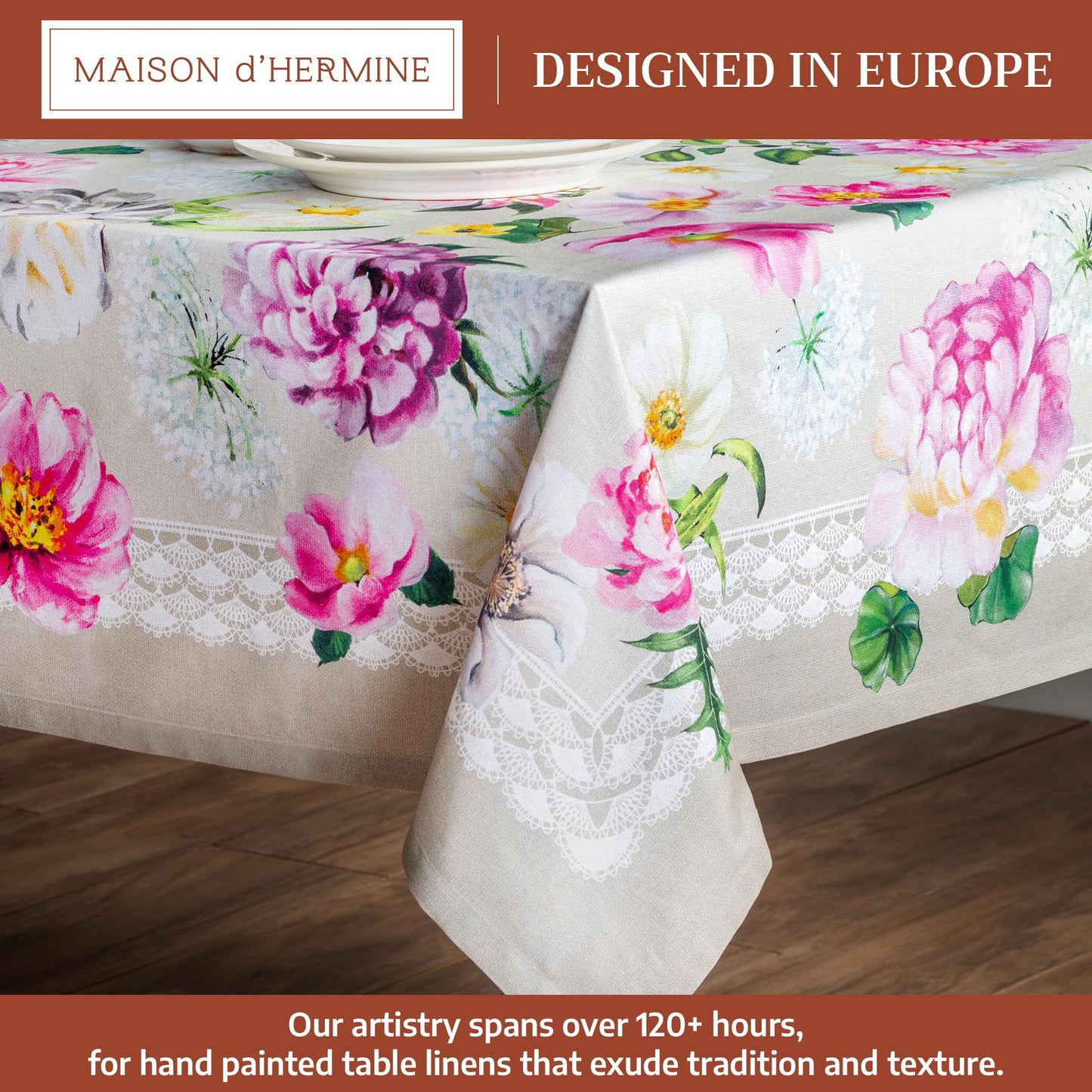 Maison d' Hermine Table Cloth Rectangle Table 100% Cotton 54 x 72 Inches Tablecloth Reusable Decorative for Dining Kitchen Room Farmhouse Home Gifts for Mothers Day Spring Summer - Pivoine