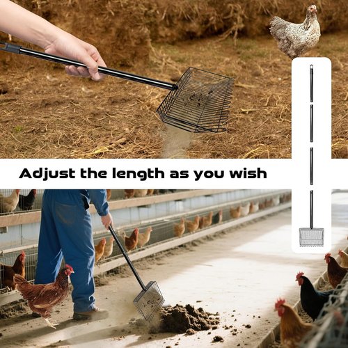 Chicken Poop Scooper - 2-in-1 Stainless Steel Rake with Adjustable Handle for Easy Waste Cleanup