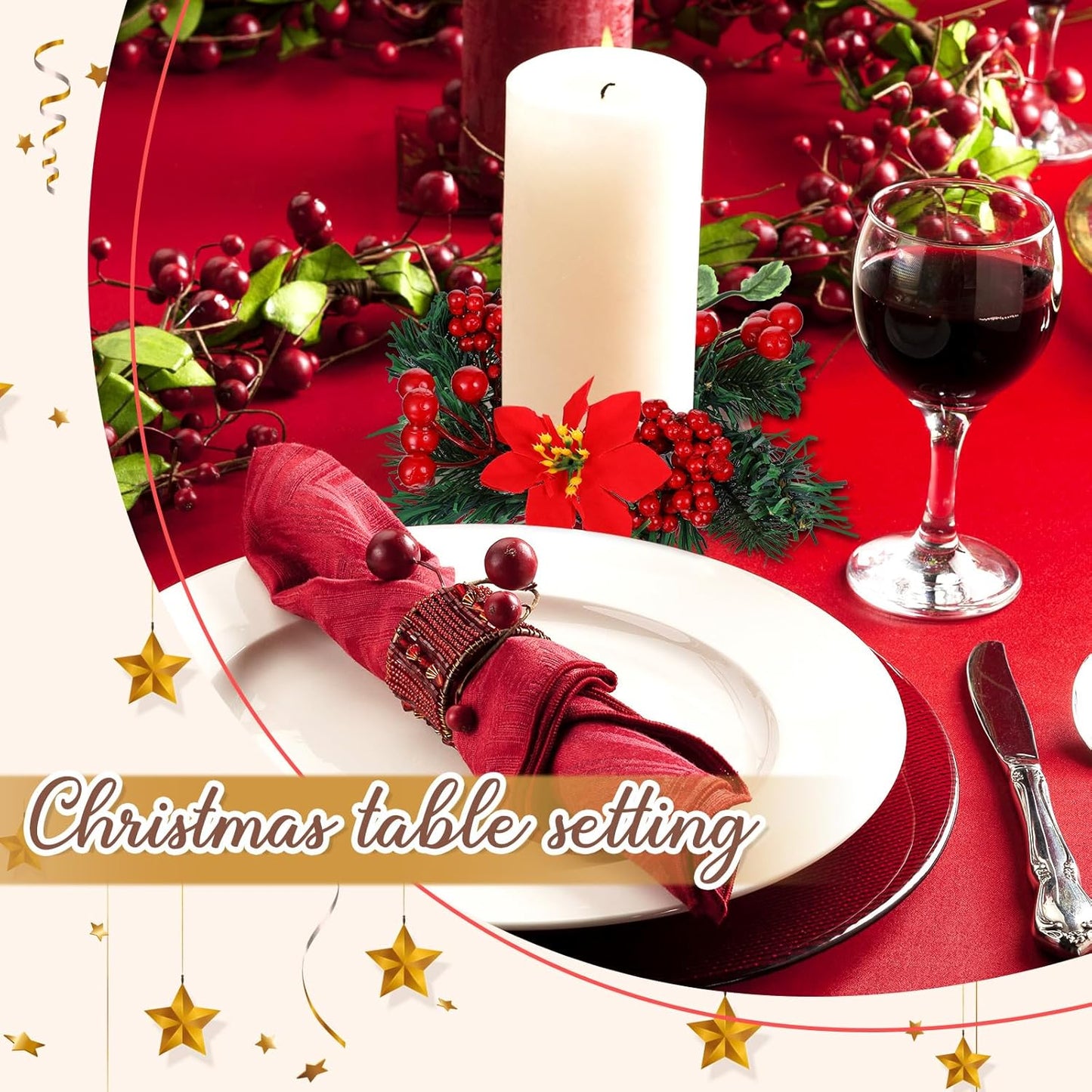 Yilloog Mini Christmas Candle Rings - 8 Sets of Berry & Pinecone Wreaths for Festive Table Decor