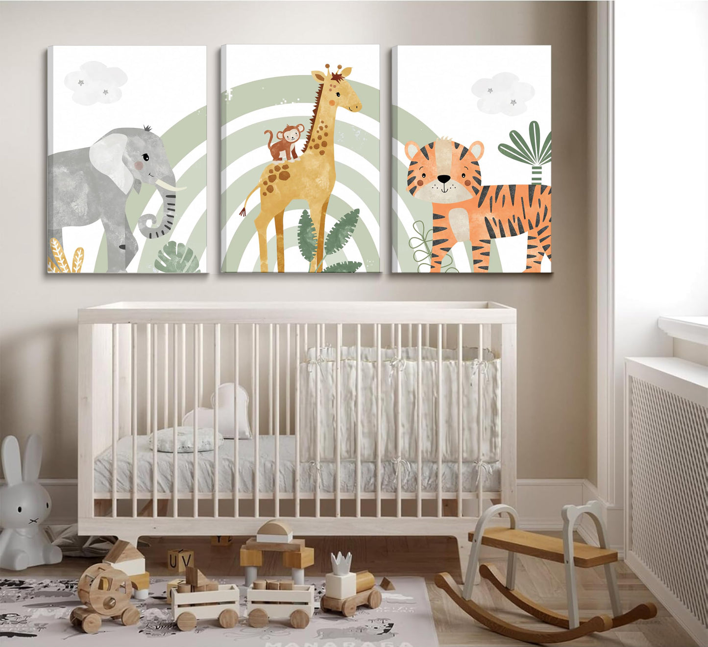 3Pcs Framed Safari Animals Canvas Wall Art elephant tiger giraffe Posters Prints Bohemian Rainbow elements Paintings Pictures wall decor for Nursery Baby Bedroom Decorations