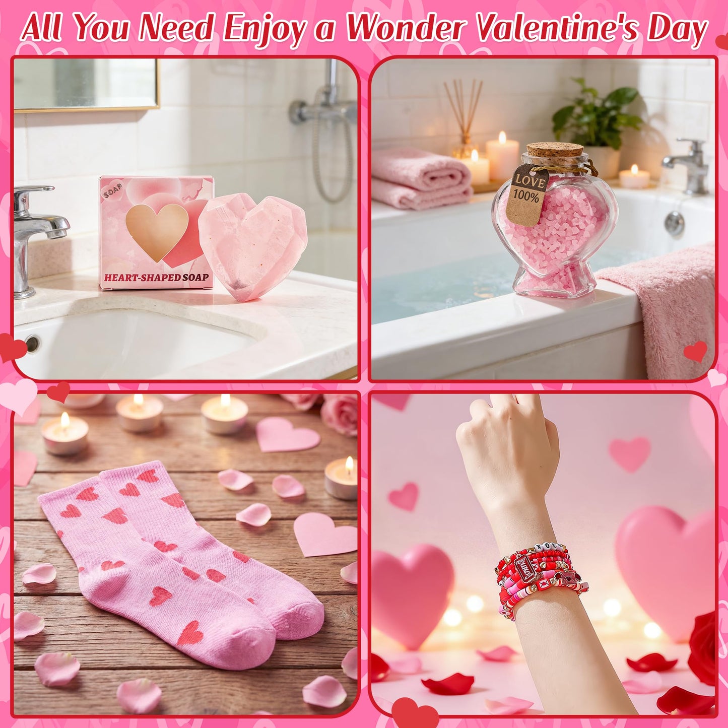 10 Pcs Valentine's Day Basket Gifts for Her, Valentine Gift Stuffers with 16 oz Glass Cup, Socks, Hair Clip, Candle, Heart Bath Salts Bottle Birthday Gift Set for Mom Wife Daughter Teen Girlfriend