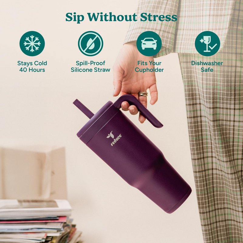 REDUCE Chiller Vacuum Insulated 40 oz Tumbler with Spill-Proof Silicone Straw - Sustainable Tritan Lid with Water Intake Markers - Soft Sit Base Travel Mug - Dishwasher Safe - Phantom