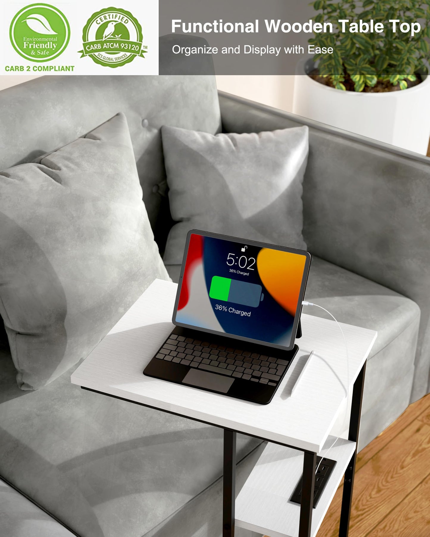 Innerjoin Side Table with Charging Station Set of 2, C Shaped End Table with LED Light Strip, Fast Charge Type C & USB Ports, Small Sofa Snack Laptop Side Table for Living Room Bedroom, Rustic Brown
