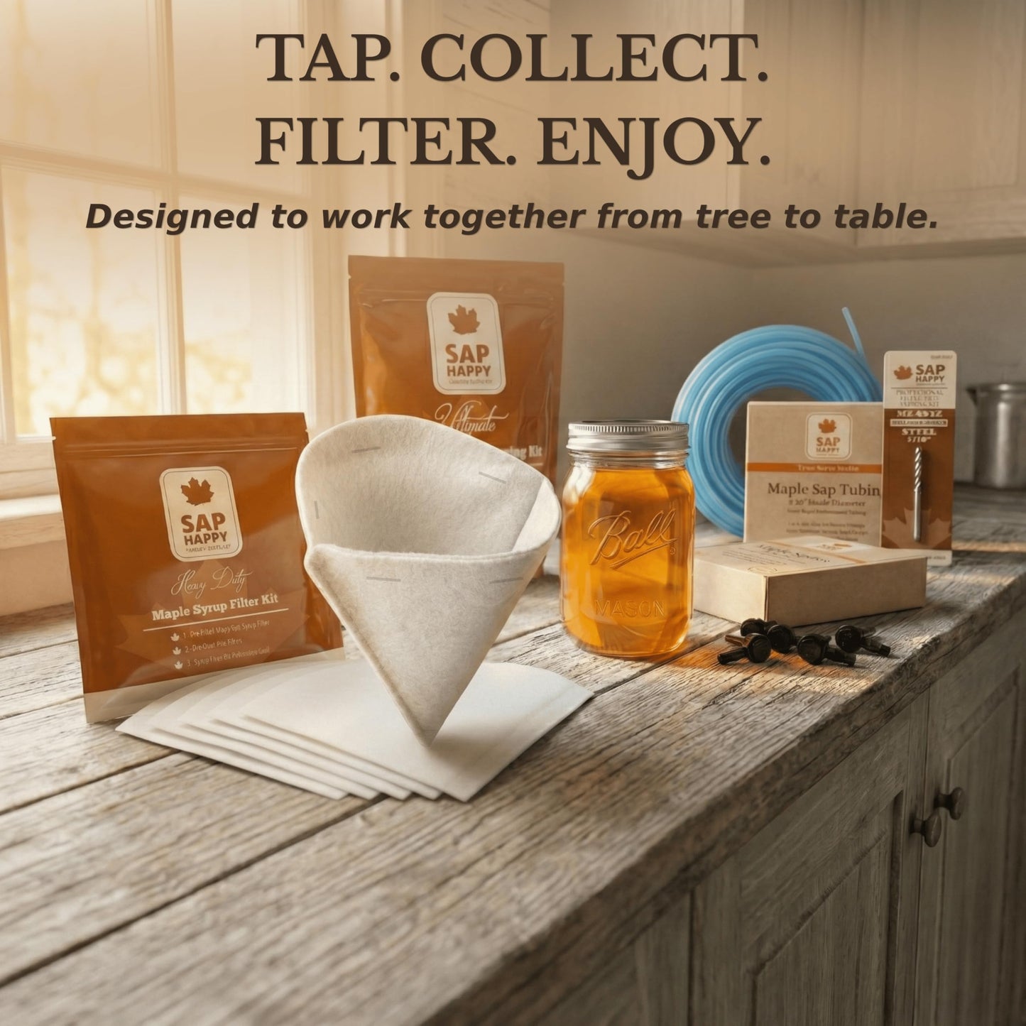 SAP HAPPY Maple Syrup Filter Kit — Orlon Cone Filter & 5 Pre Filters for Finishing Maple Sap, Reusable Heavy-Duty Synthetic Strainer Set, Removes Sugar Sand & Niter, Includes How-To Guide