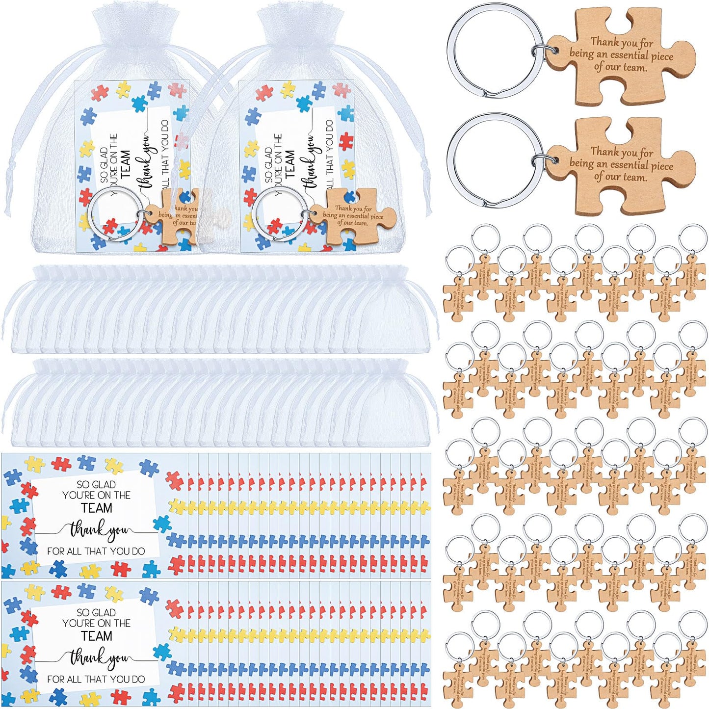 Resurhang Employee Appreciation Gifts Wooden Puzzle Keychain Staff Greeting Cards Thank You Team Building Gifts for Coworkers(50 Set)