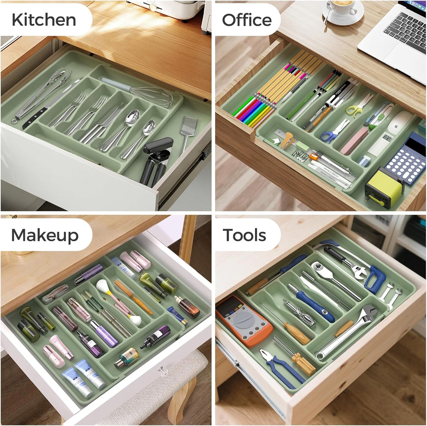 Ukeetap Extra Large Expandable Silverware Organizer - BPA-Free Cutlery Drawer Holder | Adjustable Green Design