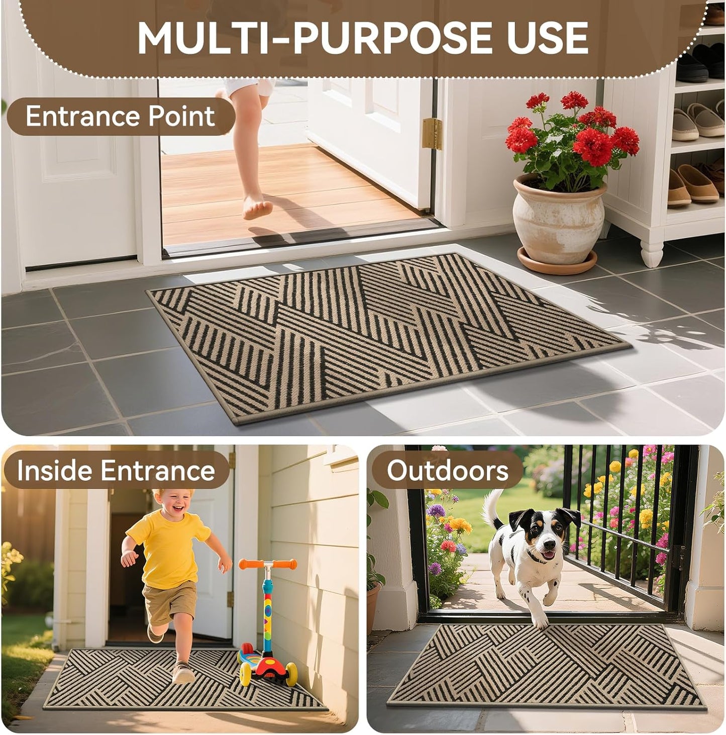 Skiennix Door Mat - Low-Profile Non-Slip Indoor/Outdoor Entryway Mat | 17"x30", Dirt-Resistant, Washable, Brown