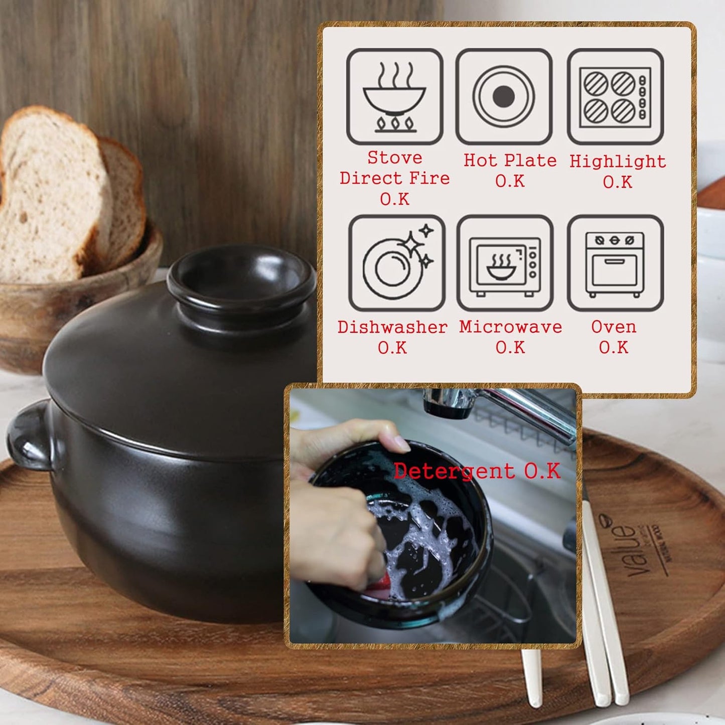 Korean Earthenware Pot Ttukbaegi, Ceramic Clay Cooking Pot Petalite Casserole, Heat Resistant Ceramic Pot, Zero-Crack Stone Bowl Stockpot Soup Cookware (Medium)