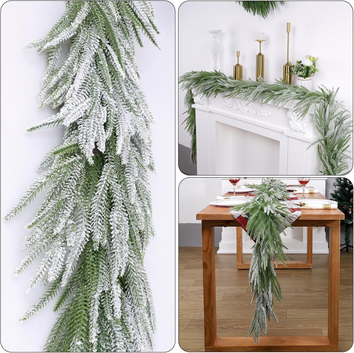 Snow Flocked Norfolk Pine Garlands, 108 Inch Real Touch Winter Pine Garland, Green Artificial Greenery Garland for Table, Mantle, Wall, Indoor, Outdoor Christmas Decorations