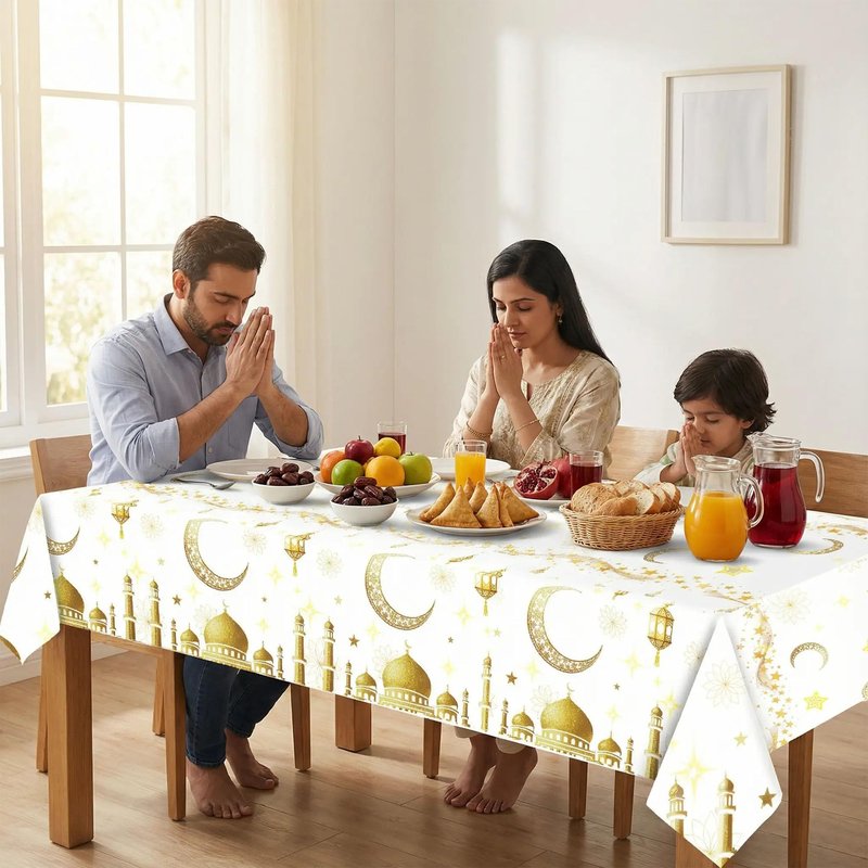 Ramadan Plastic Disposable Table Cloth: White and Gold Mosque Moon Star Lamp Ramadan Kareem Table Cover Muslim Eid Al-fitr Eid Mubarak Tablecloths for Ramadan Party Supplies 54×108Inches(3 Pcs)