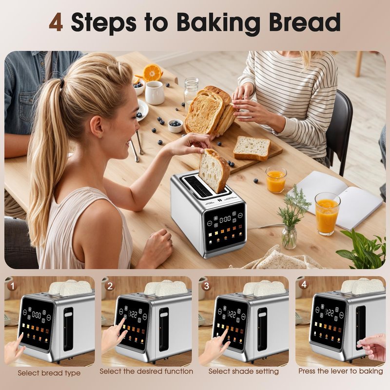 Touch Screen Toaster 2 Slice, Stainless Steel Smart Digital Toasters with Single Slot Toasting, Memory Function, 5 Bread Types & 6 Shade Settings,1.5" Wide Slot, 900W