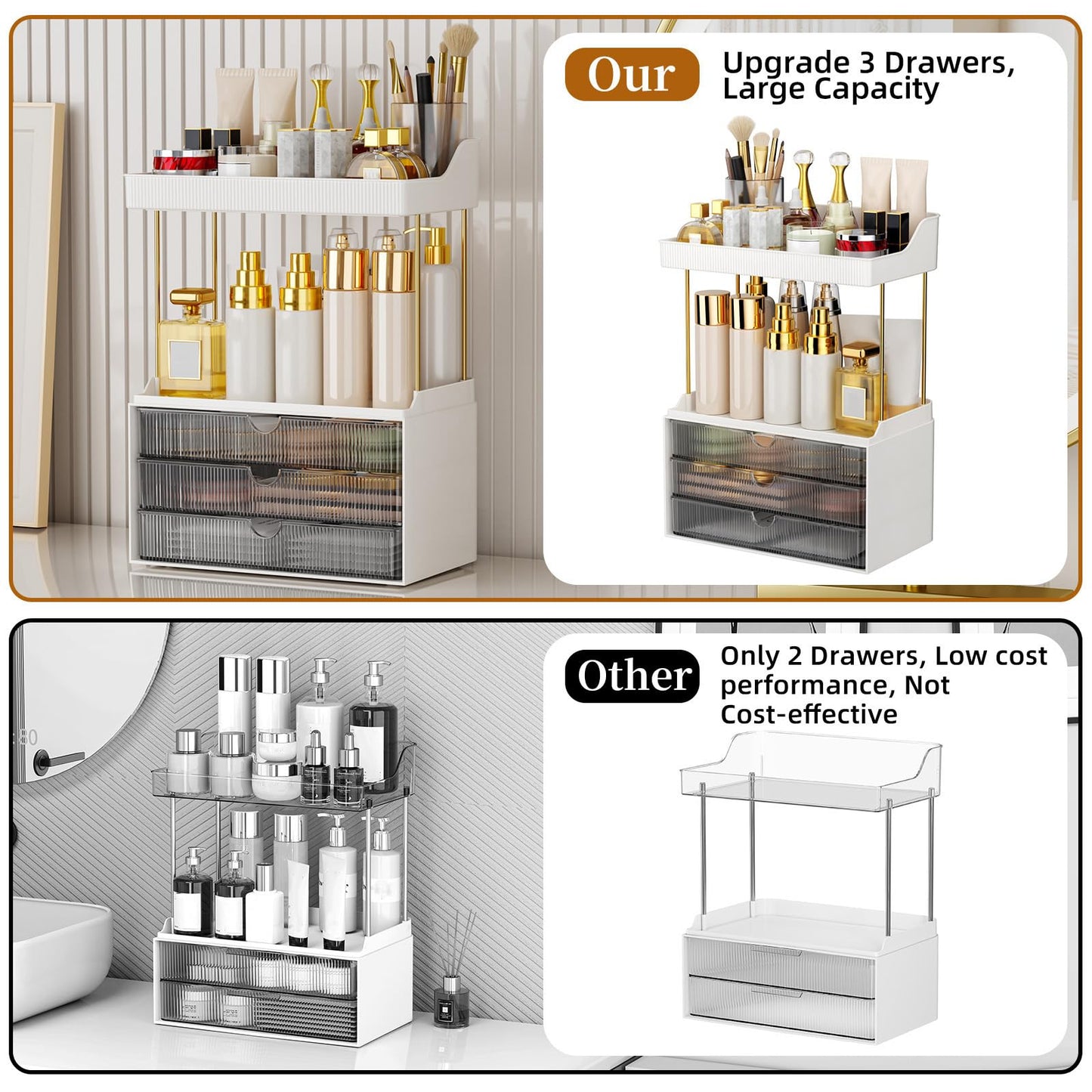 StorBin Strong 3 Drawers Bathroom Counter Organizer, 5 Tier Makeup Organizer, Versatile Perfume Organizer, Ideal for Bathroom Storage, Vanity, Large Skincare, Perfume, Present, Grey