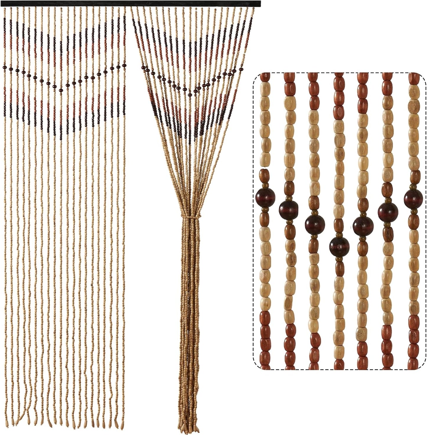 35.5" x 75" Bamboo and Wood Beaded Curtain for Doorway 52 Strands Handmade Bohemian Door Beads Curtain Boho Hanging Room Divider for Bedroom Living Home Deco, Beige