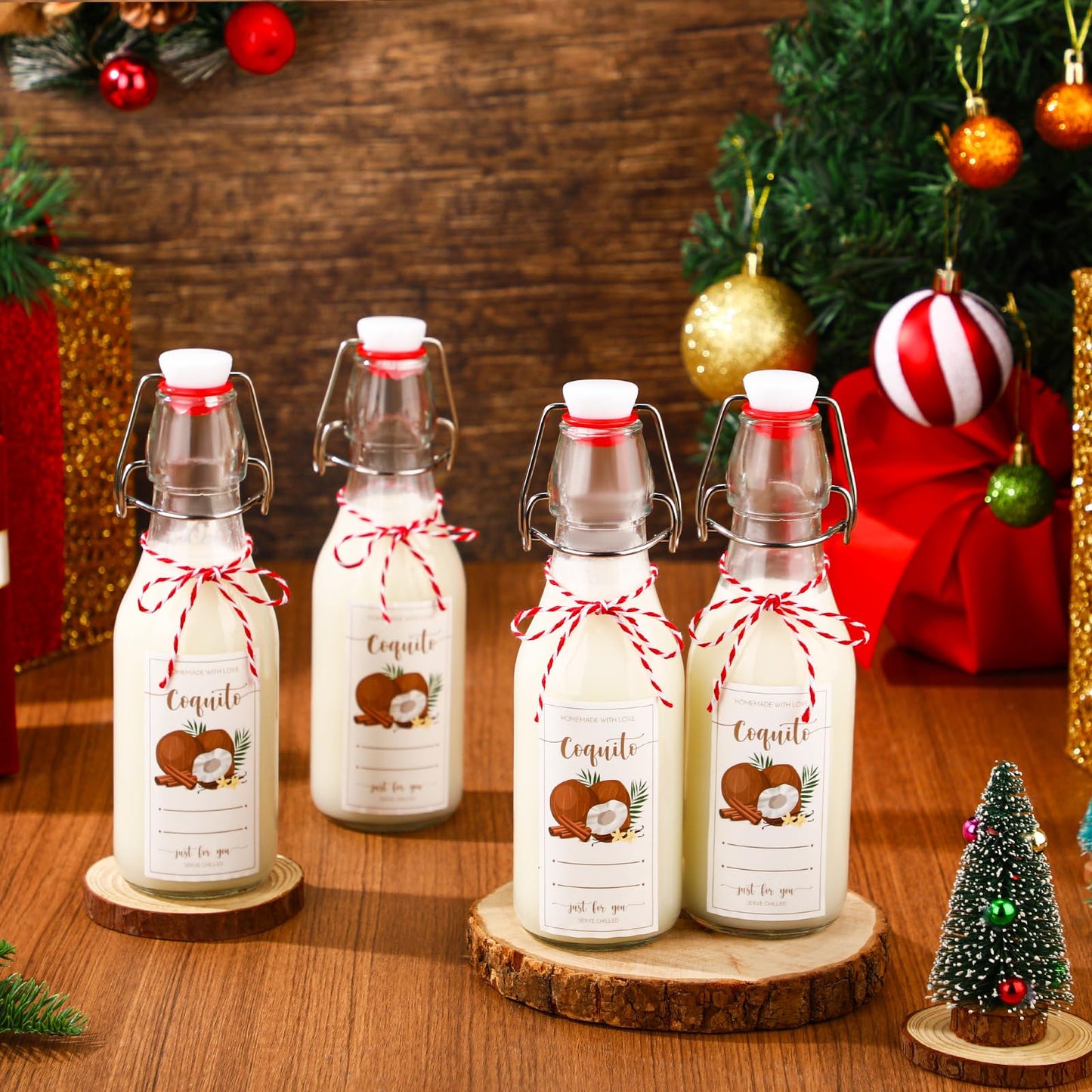 Havawish 16 Pcs Merry Christmas 8 oz Coquito Swing Top Glass Bottles with Airtight Cap Lids Labels Clear Flip Top Bottles with Stoppers for Homemade Christmas Home Brewing Beer Beverages(Coconut)