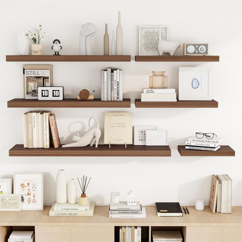Acovy 24 Inch Floating Shelves, 24"x9.25"x1.5" Inch Deep Floating Shelves for Wall, Wooden Shelves for Bathroom, Bedroom, Living Room, Walnut, 2 Pieces