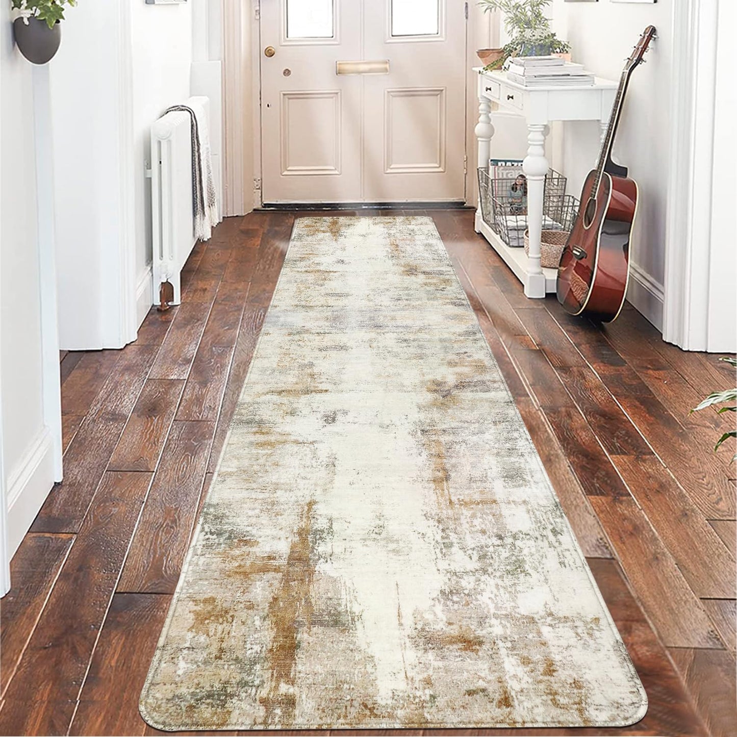 famibay Hallway Runner Rug 10 ft,Modern Washable Rug Runners for Hallways Non Slip Soft Wool Carpet Runner Low Pile Modern Abstract Long Runner Rug for Hallway Kitchen Bathroom(Beige/Camel)