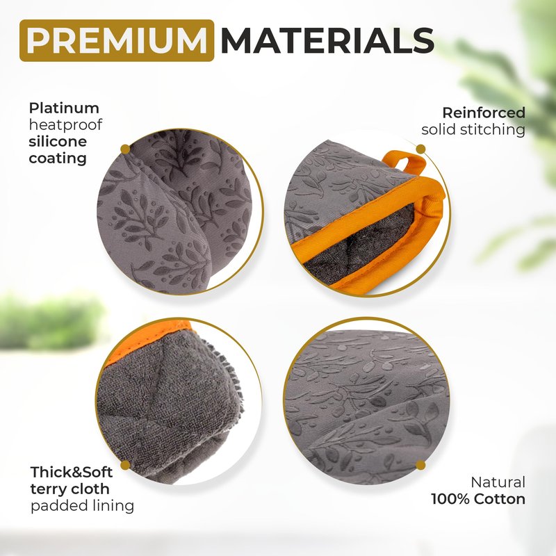Premium Heat-Resistant Oven Mitts - Stylish and Beautiful - Non-Slip Platinum Silicone Grip - Long and Thick - 100% Natural Cotton Exterior and Soft Terry Cloth Lining - Cook'n'Chic Set of 2 - Gray