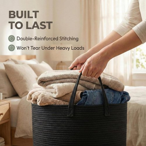JMvicyroam 65L Extra Large Blanket Basket - Woven Cotton Rope Laundry Hamper with Reinforced Handles | Machine Washable, Black