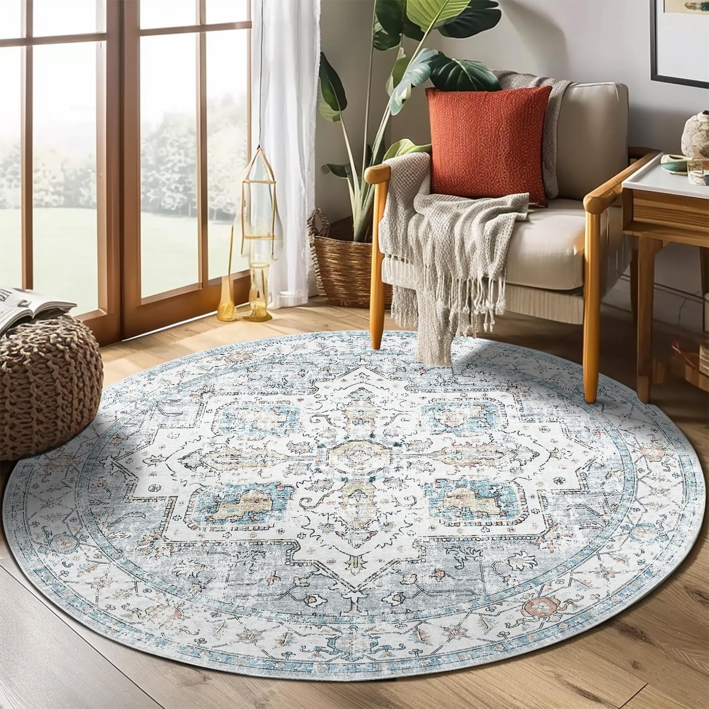 jinchan Round Rug 5ft Area Rug - Machine Washable 5'Circle Vintage Floral Non-Slip with Rubber Backing Ultra-Thin Low-Pile Carpet for Bedroom Living Room Dining Room Entryway (5'Round,Grey/Blue)