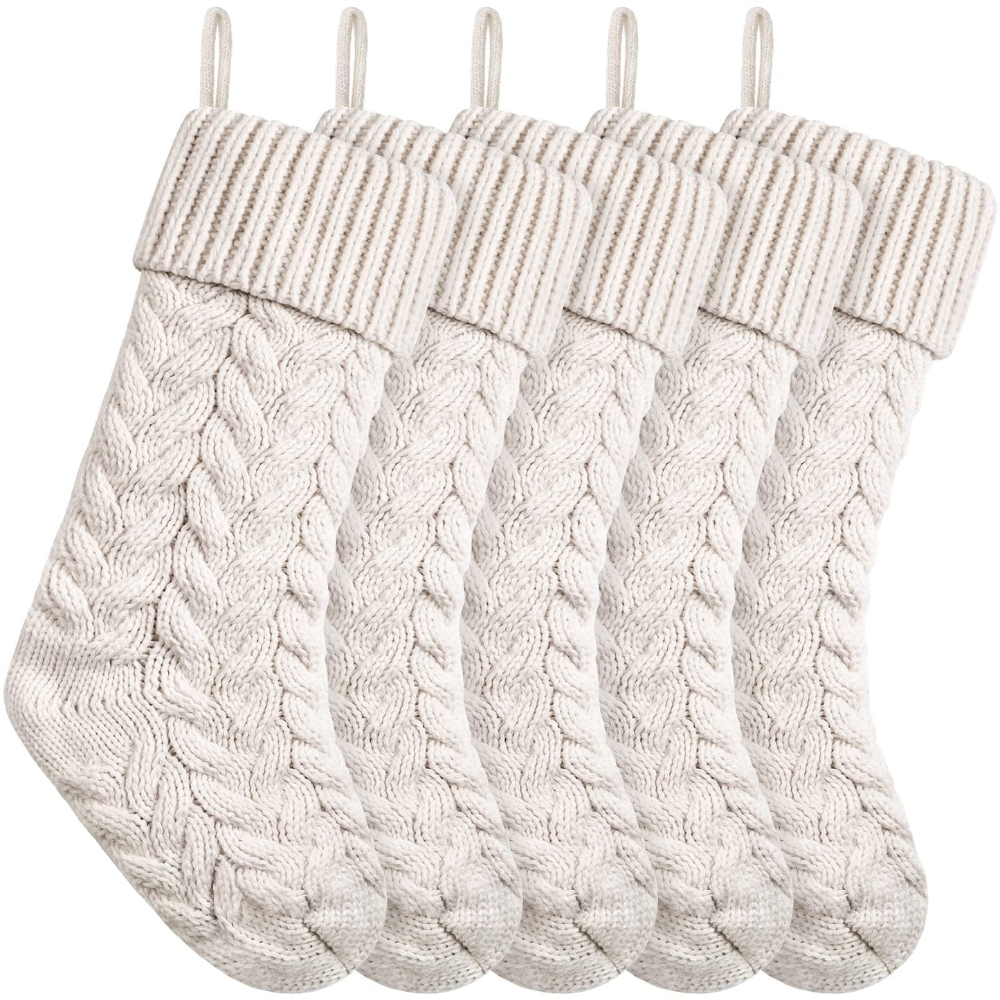 18 Inches Christmas Stockings Knit Xmas Stockings Large Fireplace Hanging Stockings for Family Christmas Decoration (Ivory, 5)