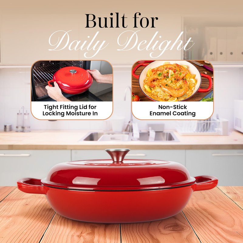 Shallow Cast Iron Casserole with Lid – Non Stick Dutch Oven Pot, Oven Safe up to 500° F – Sturdy Ovenproof Stockpot Cookware – Enamelled Cooking Pot – Red, 5-Quart, 32cm – by Nuovva
