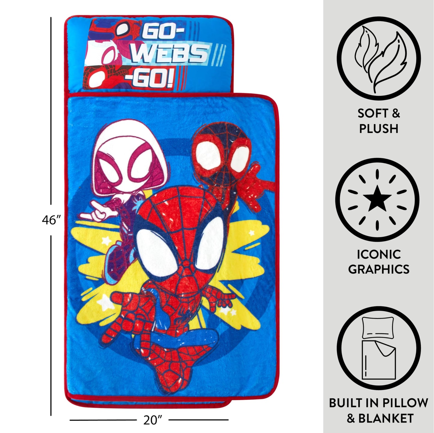 Idea Nuova Spidey and His Amazing Friends Toddler Quilted Nap Mat with Built in Blanket and Pillow, 20" Wx46 L, Spidey and Friends