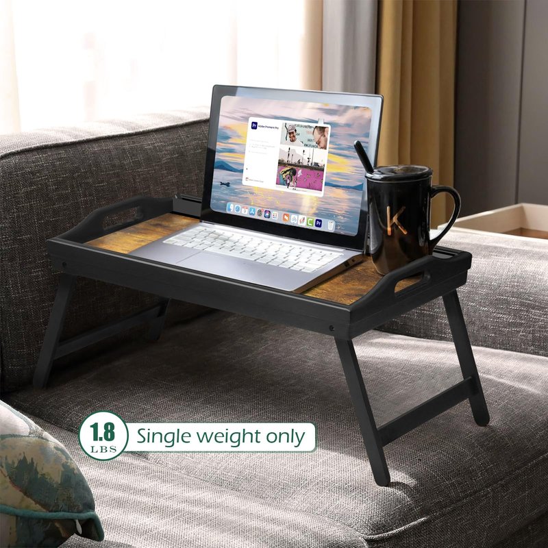 2 Pack Bamboo Bed Tray Table, Folding Legs and Handles, Breakfast Tray, Serving Tray with Groove for Phone Tablet, Laptop Desk for Bed or Sofa, Serving Tray for Eating, Working, Reading, Picnic