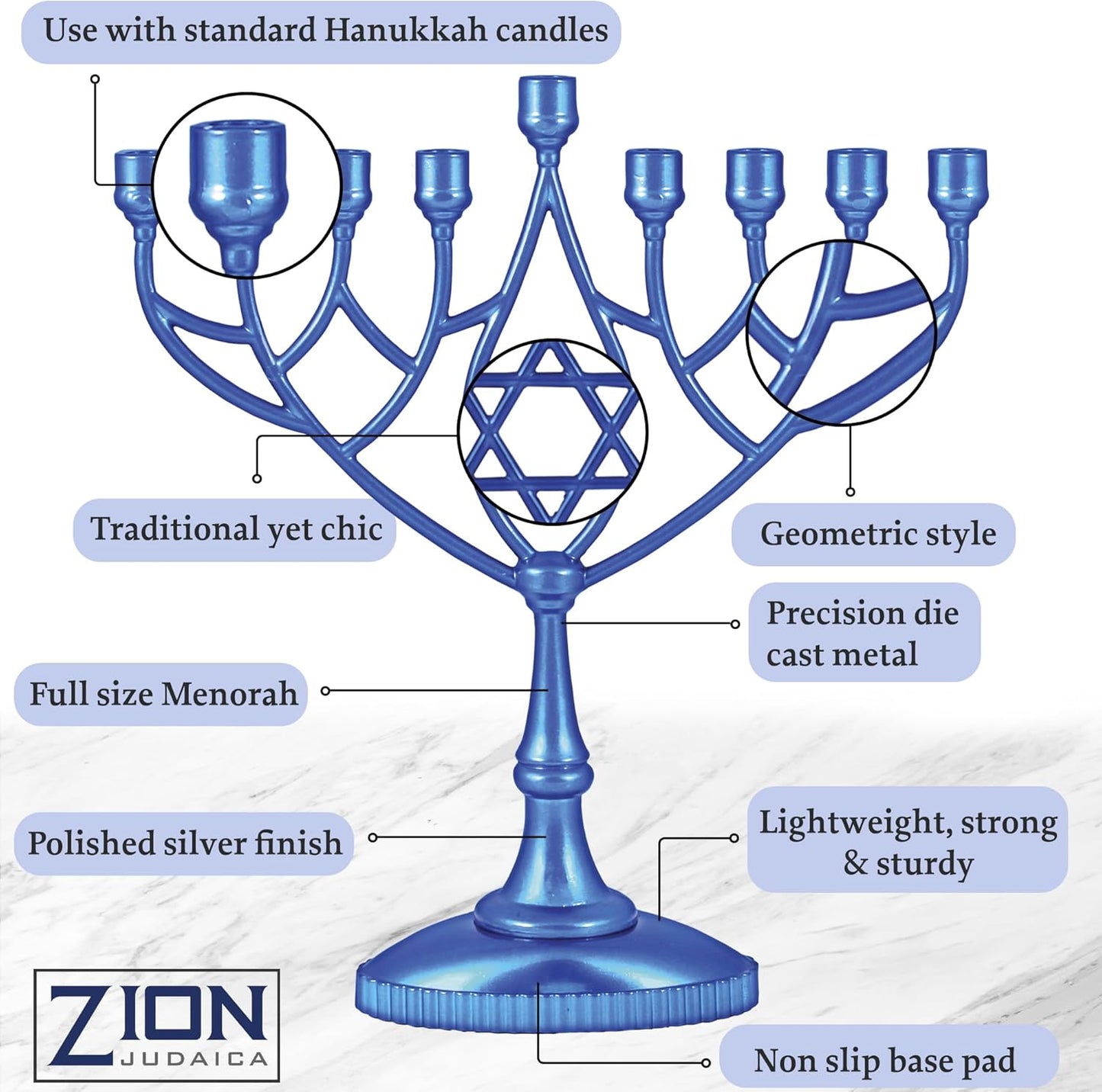 Silver Plated Geometric Hanukkah Menorah - 9" Classic Chanukah Candle Holder by Zion Judaica