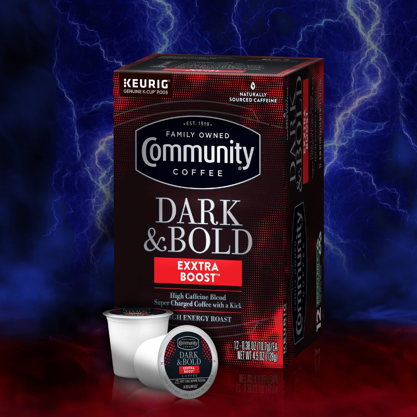 Community Coffee Dark & Bold Exxtra Boost 12 Count Coffee Pods, Compatible with Keurig 2.0 K-Cup Brewers, 12 Count (Pack of 1)