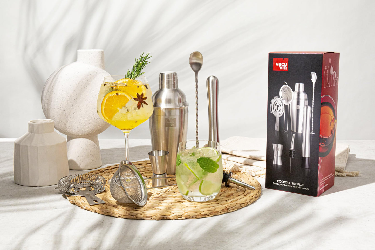 Vacu Vin Cocktail Set Plus – 7-Piece Bartender Kit with Stainless Steel Tools – Includes Shaker, Jigger, Muddler, Strainer, Pourer, Sieve, and Bar Spoon – Dishwasher Safe Home Bar Set
